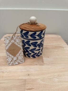 Handpainted Ceramic Jar with Blue Leaf Motif and Wood Lid